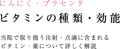 にんにく・プラセンタ ビタミンの種類・効能 当院で取り扱う注射・点滴に含まれる ビタミン・薬について詳しく解説
